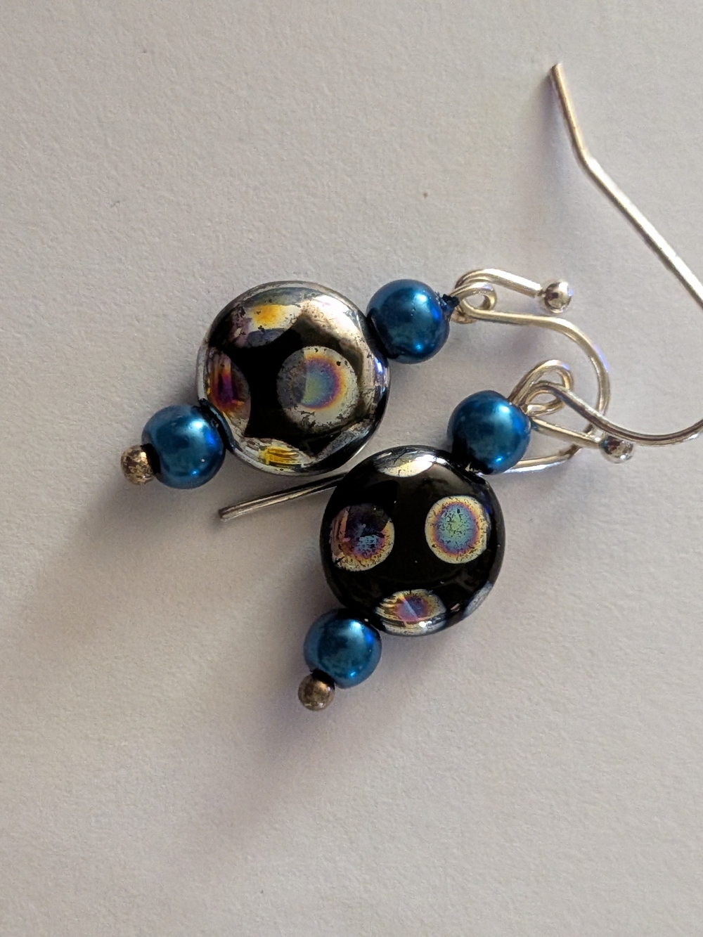Black Glass Drop Earrings with Blue Accent Beads